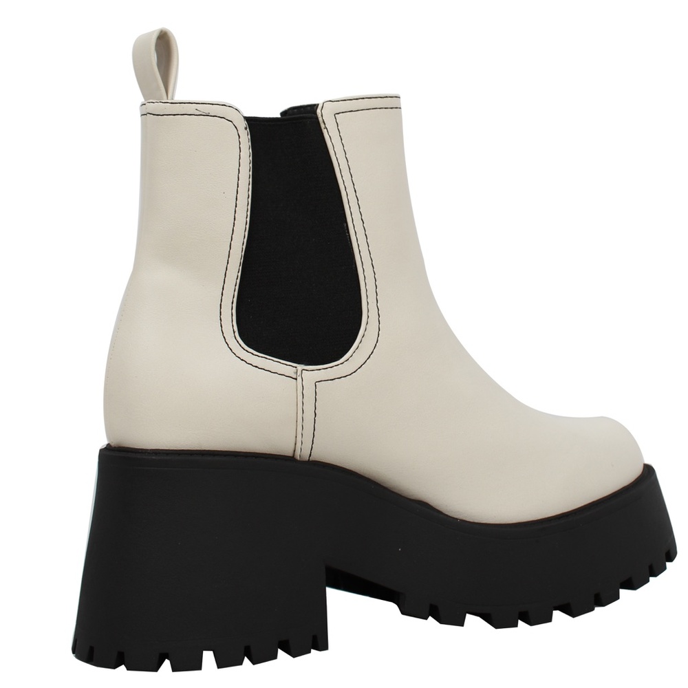 White Chelsea Pull On Chunky Platform Block Heel Ankle Bootie - Picture 3 of 4